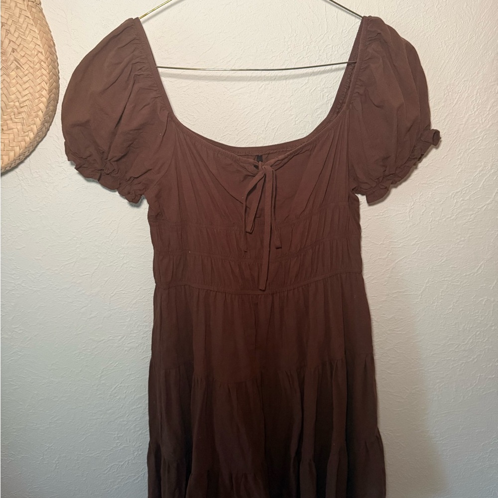 SHEIN Brown Tie Front Puff Sleeve Midi Dress